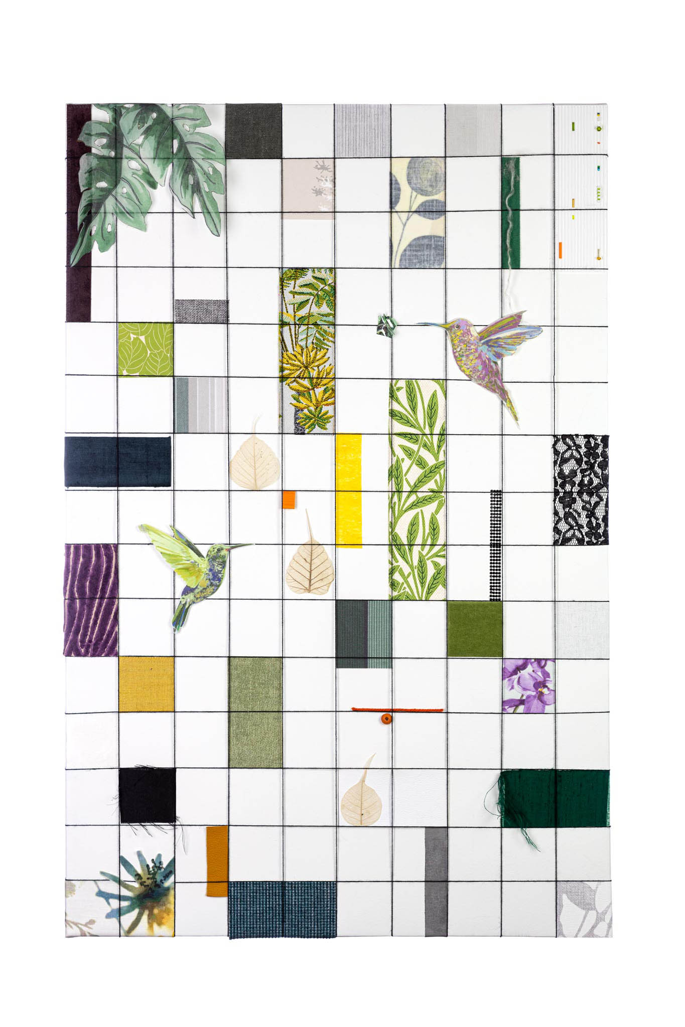 Organic textile art made from reclaimed fabrics and yarns.