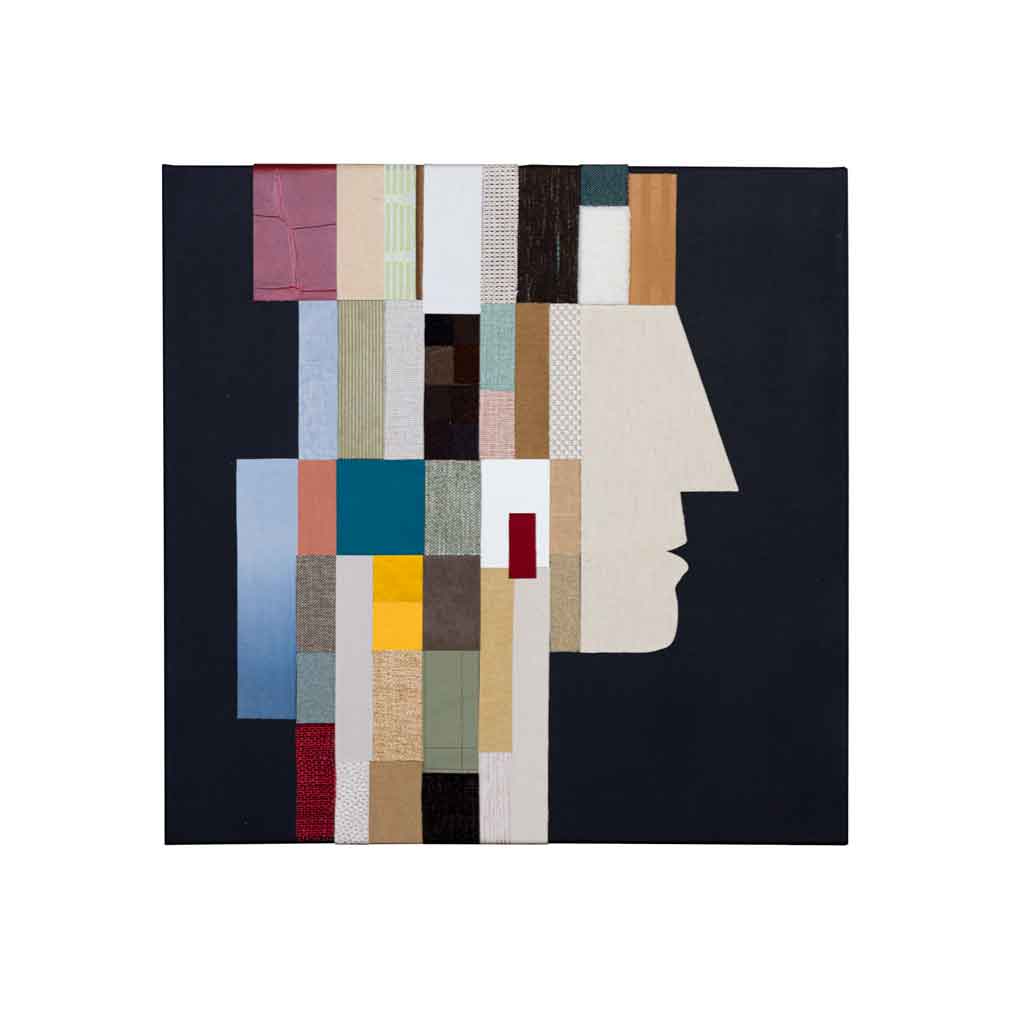 Left panel of Dialogue circular textile art, made from layered fabrics, paper and leather fragments