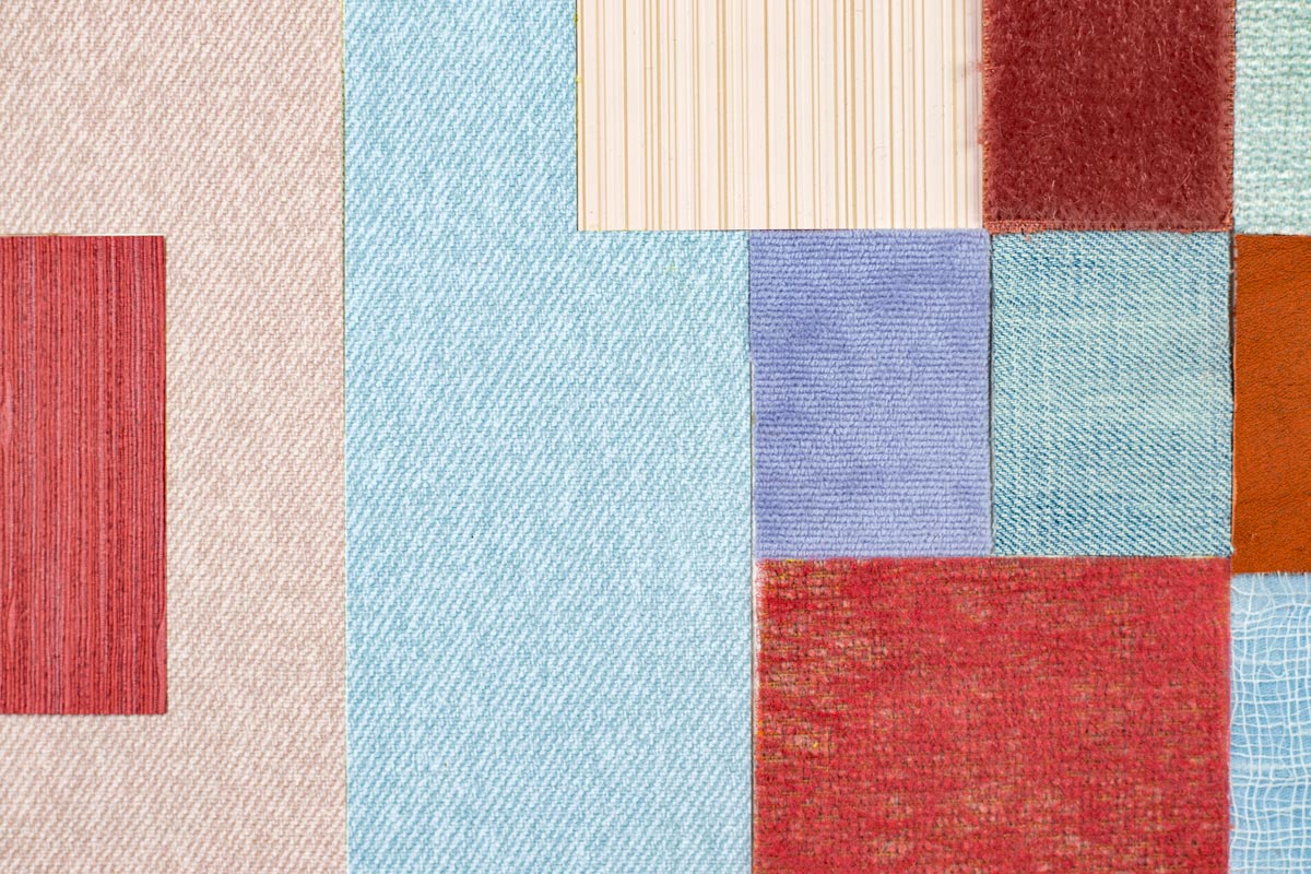 detail of collage wall piece made from reclaimed textiles and wallpaper, 80 x 80 cm, circular wall design by Elena Kamphuis Studio