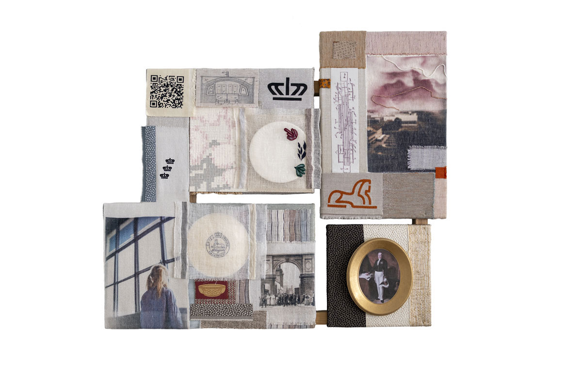 Artwork made from heritage textiles in art, inspired by the Sphinx ceramics factory in Maastricht.