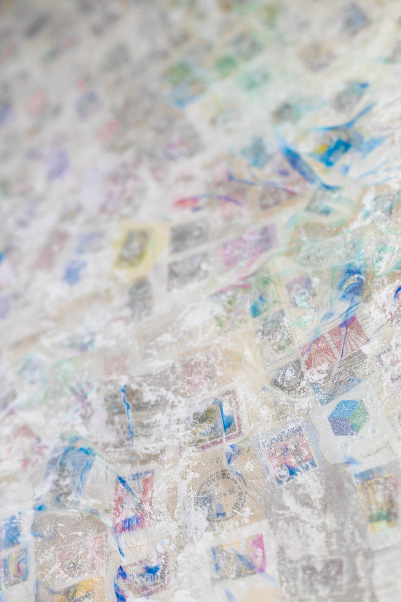 Ways to Rome: archived postage stamps and organza in a recycled frame