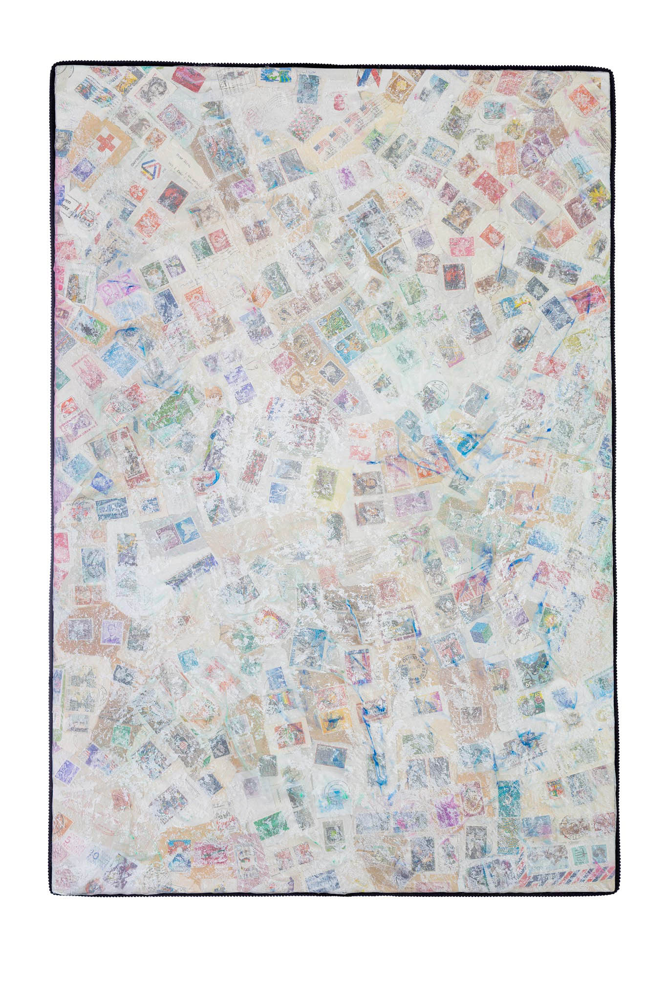 Mixed-media upcycle art combining wood, textile and postage stamps