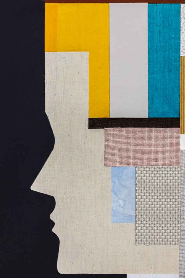 Circular textile art diptych Dialogue displayed on wall, upcycled artwork for sustainable interiors