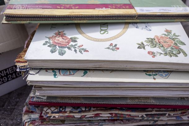 Vintage Monkwell fabric sample book showing floral chintz patterns from the 1980s