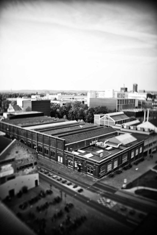 artist's own image of Sphinx factory incorporated in textile art